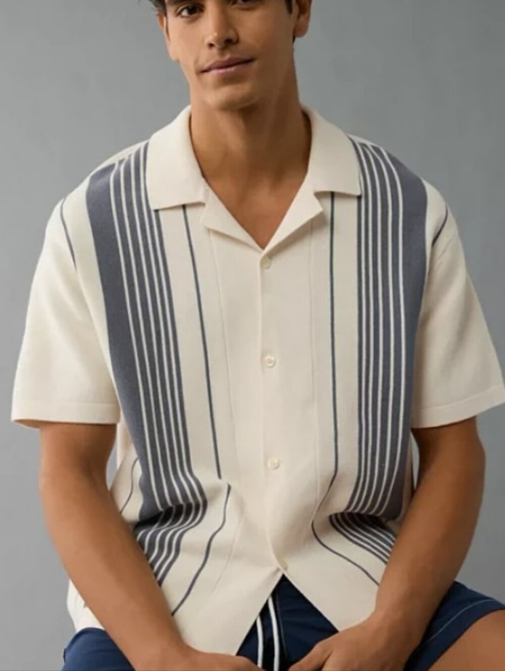 American Eagle Outfitters Cream Polo with Gray Stripe Panels